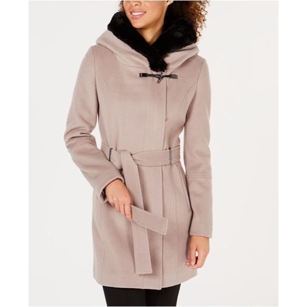 Calvin Klein Faux-Fur-Trim Belted Hooded Coat
